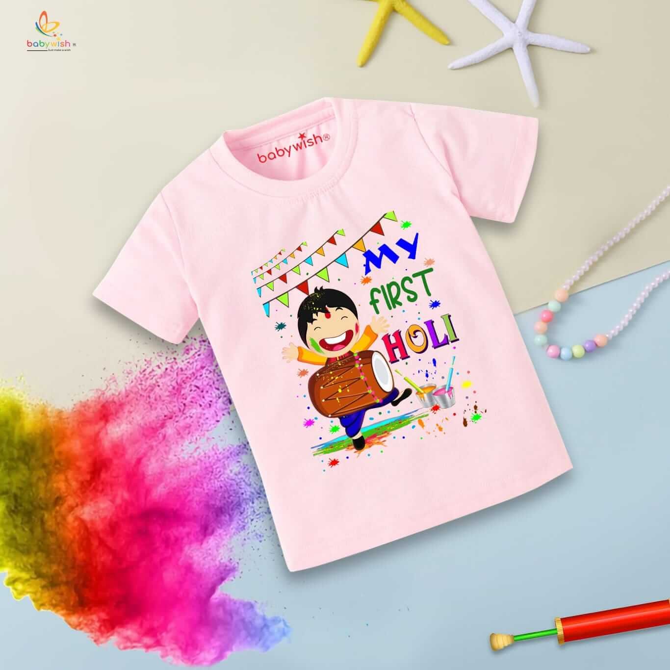 Holi T-shirt for Kids – Unisex Holi Topwear Outfit, Printed Half Sleeve Tee “My First Holi with Music,” Colorful Festival Dress for Boys & Girls