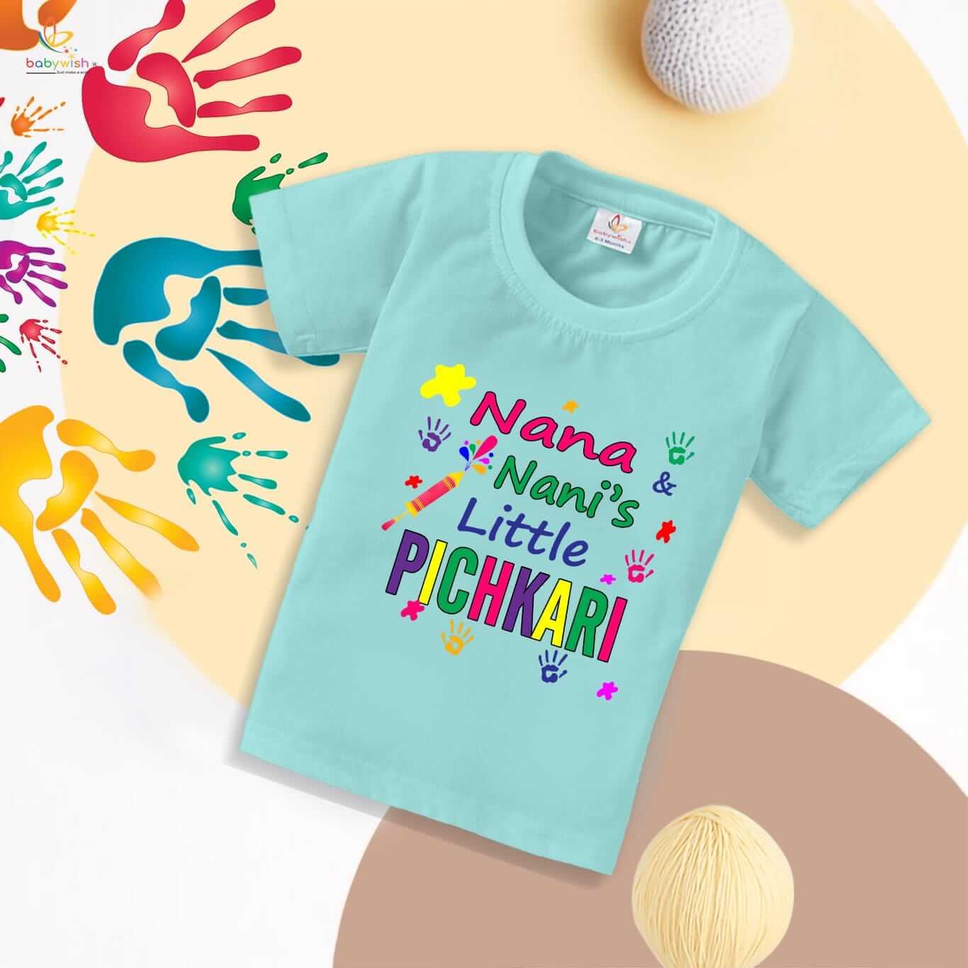 Holi T-shirt for Kids – Unisex Holi Topwear Outfit, Printed Half Sleeve Tee “Nana's Nani Little Pichkari,” Colorful Festival Dress for Boys & Girls