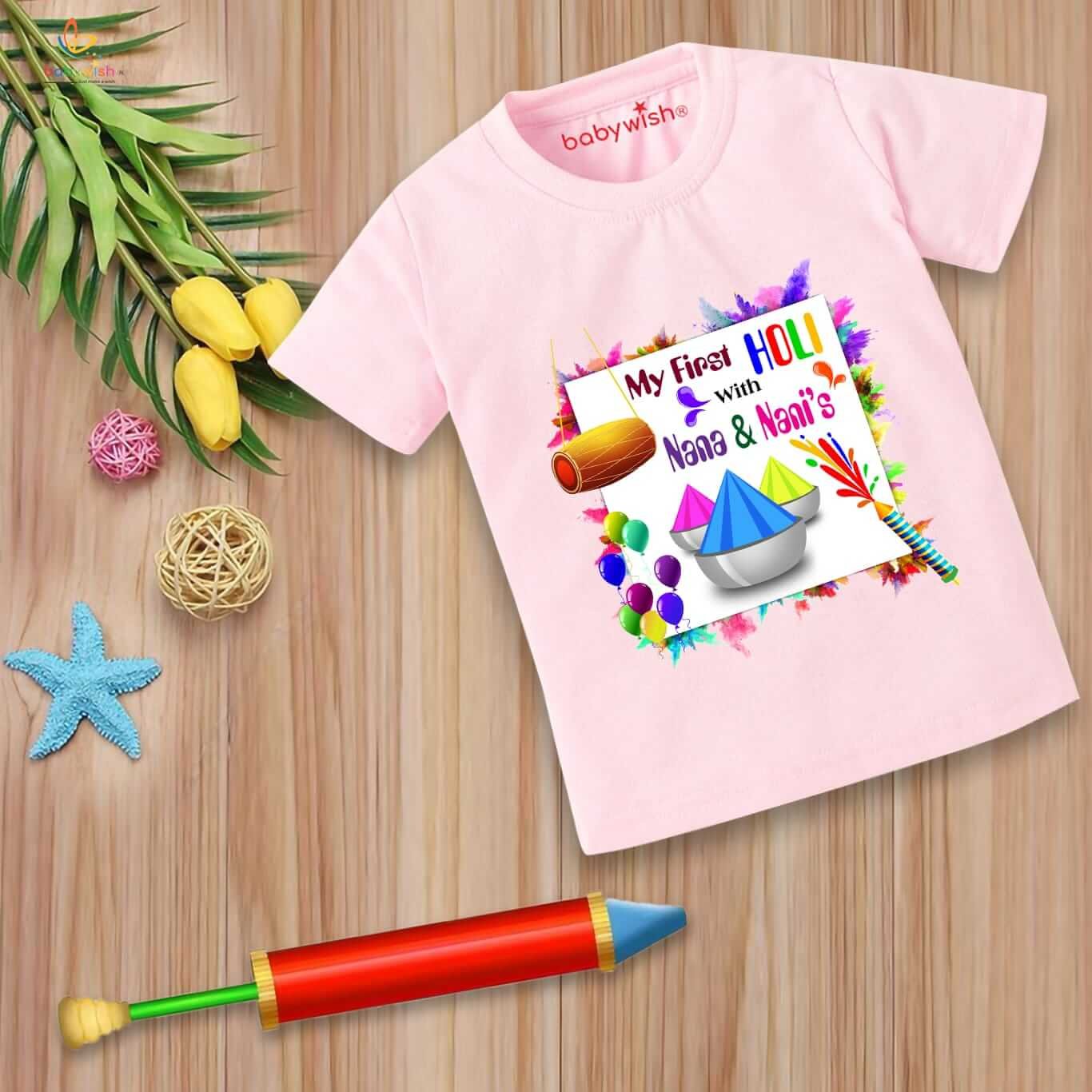 Holi T-shirt for Kids – Unisex Holi Topwear Outfit, Printed Half Sleeve Tee “Holi With Nani & Nana,” Colorful Festival Dress for Boys & Girls