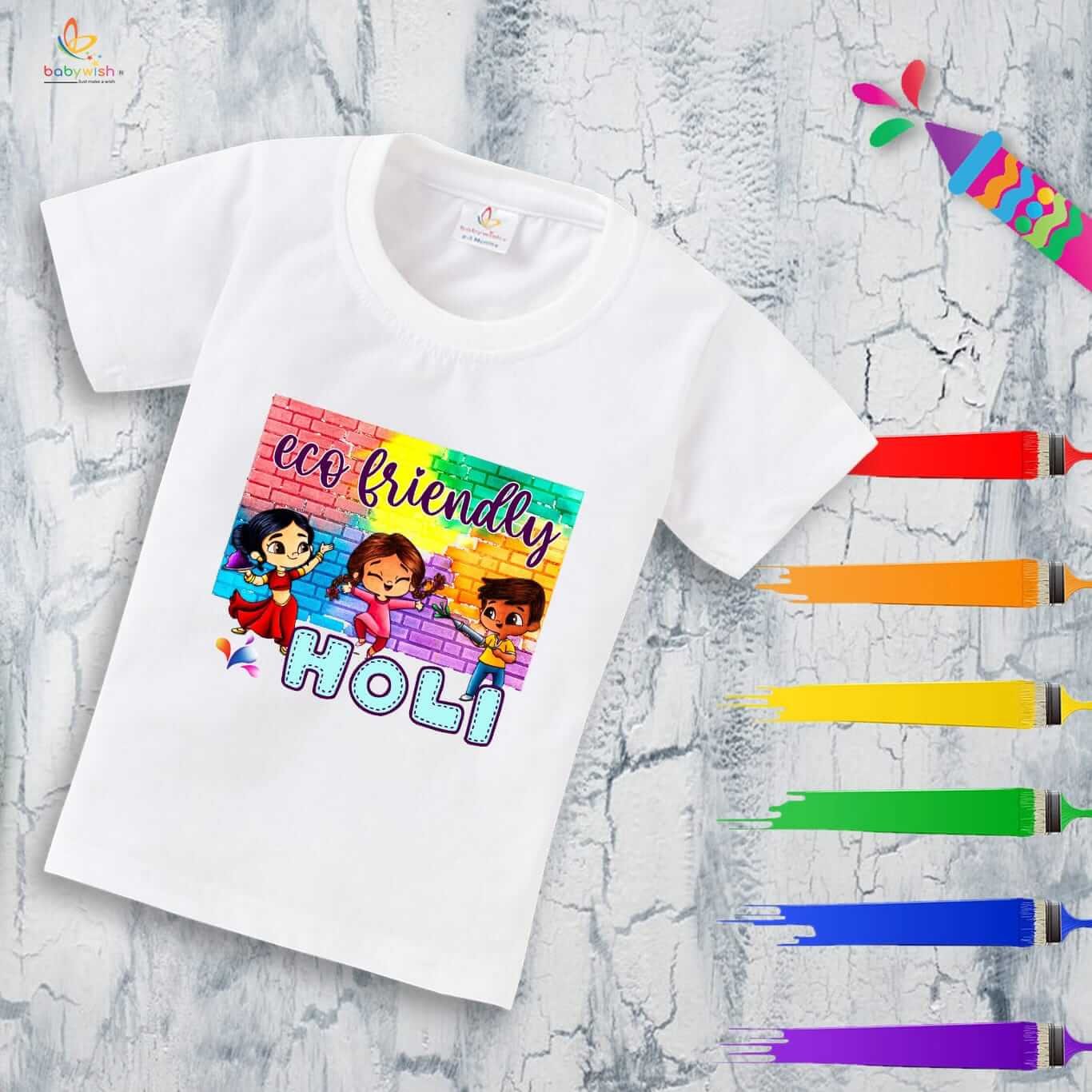 Holi T-shirt for Kids – Unisex Holi Topwear Outfit, Printed Half Sleeve Tee “Holi is the Colorful Festivals,” Fun Colorful Dress for Boys & Girls