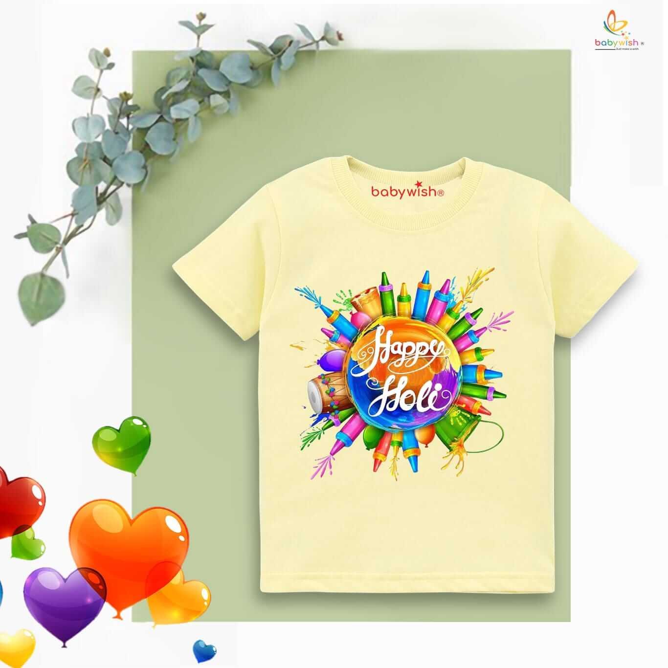 Holi T-shirt for Kids – Unisex Holi Topwear Outfit, Printed Half Sleeve Tee with Watergun Design, Fun Colorful Holi Dress for Boys & Girls