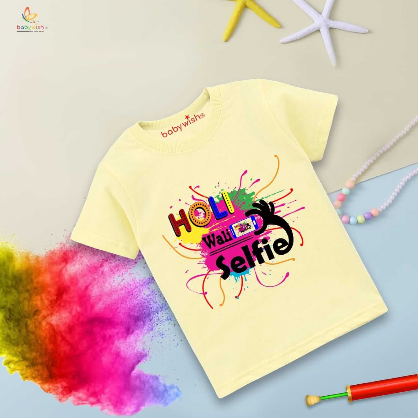 Holi T-shirt for Kids – Unisex Holi Topwear Outfit, Printed Half Sleeve Tee “Holi Wali Selfie,” Fun Colorful Festival Dress for Boys & Girls