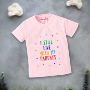 Cute kids summer t-shirt with funny “I Still Live With My Parents” print in soft cotton fabric