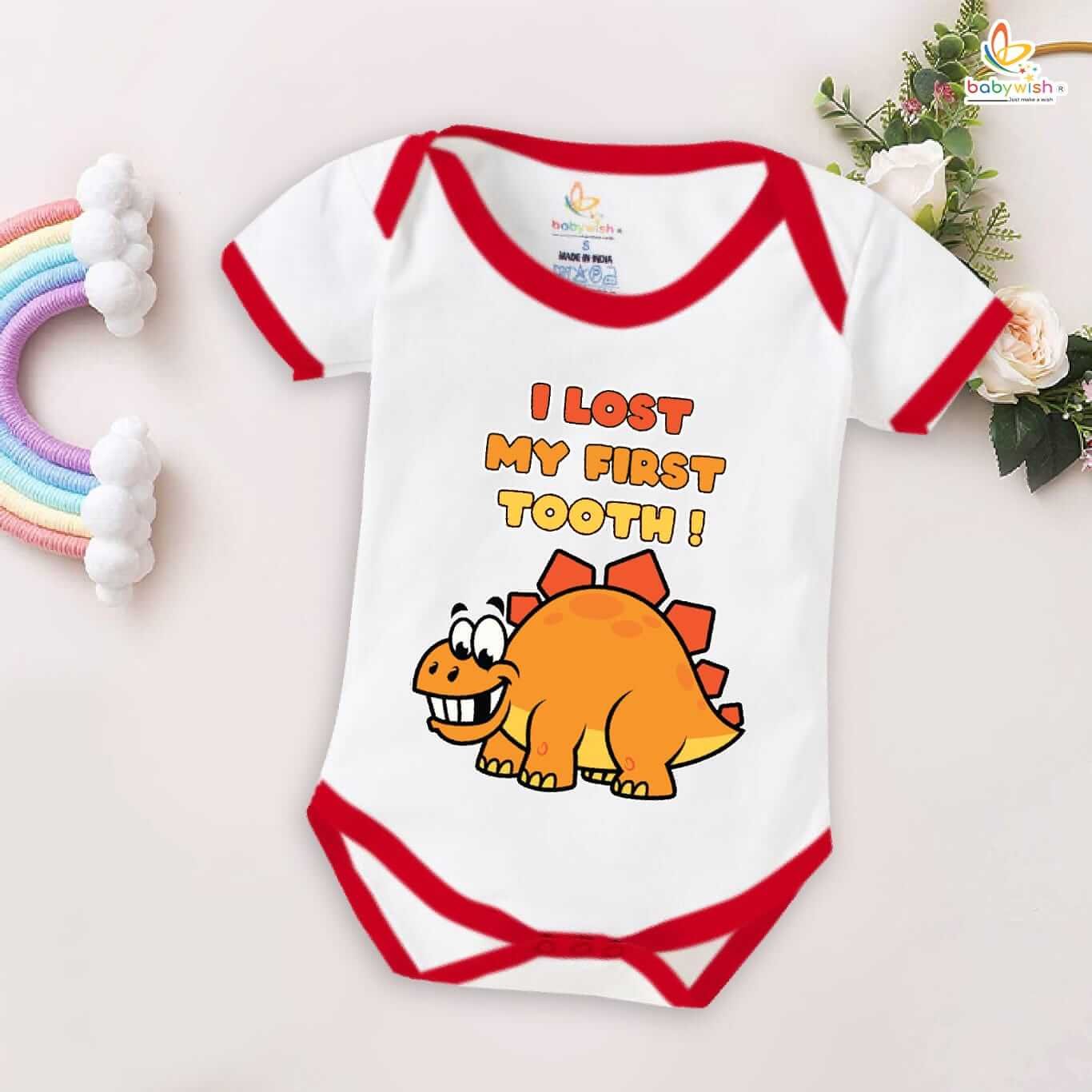 I Lost My First Tooth Baby Romper – Dino Print Milestone Bodysuit for Boys & Girls | Soft Cotton First Tooth Outfit – Babywish