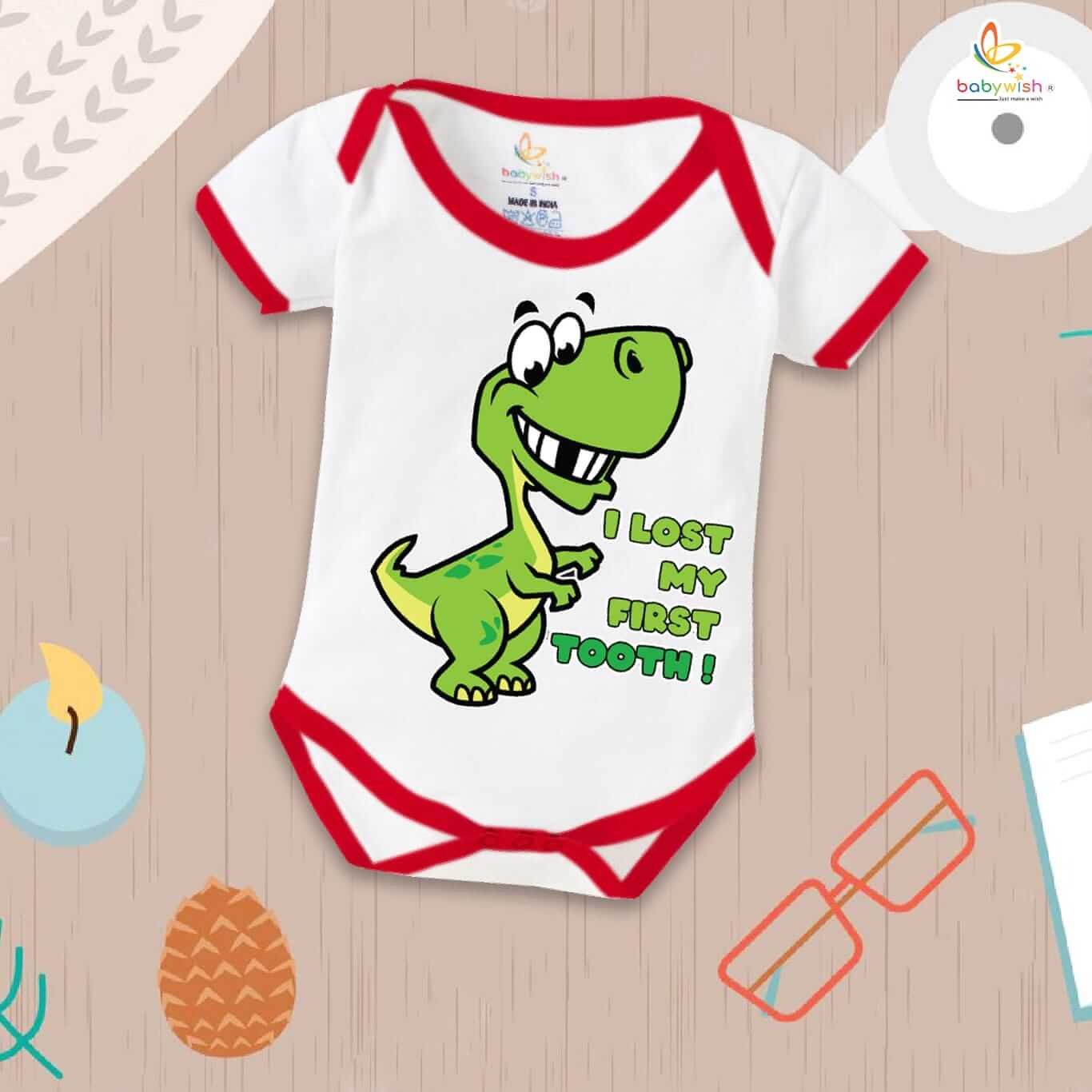 I Lost My First Tooth Baby Romper – Dinosaur Print Milestone Bodysuit for Boys & Girls | Soft Cotton First Tooth Outfit – Babywish