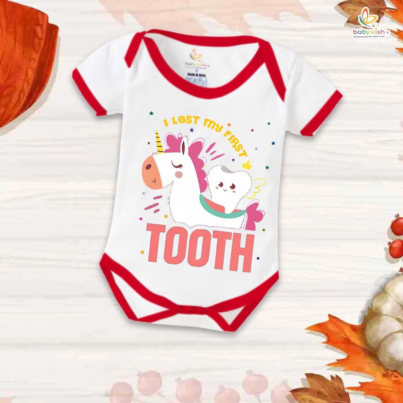 I Lost My First Tooth Baby Romper – Horse Print Milestone Bodysuit for Boys & Girls | Soft Cotton First Tooth Outfit – Babywish