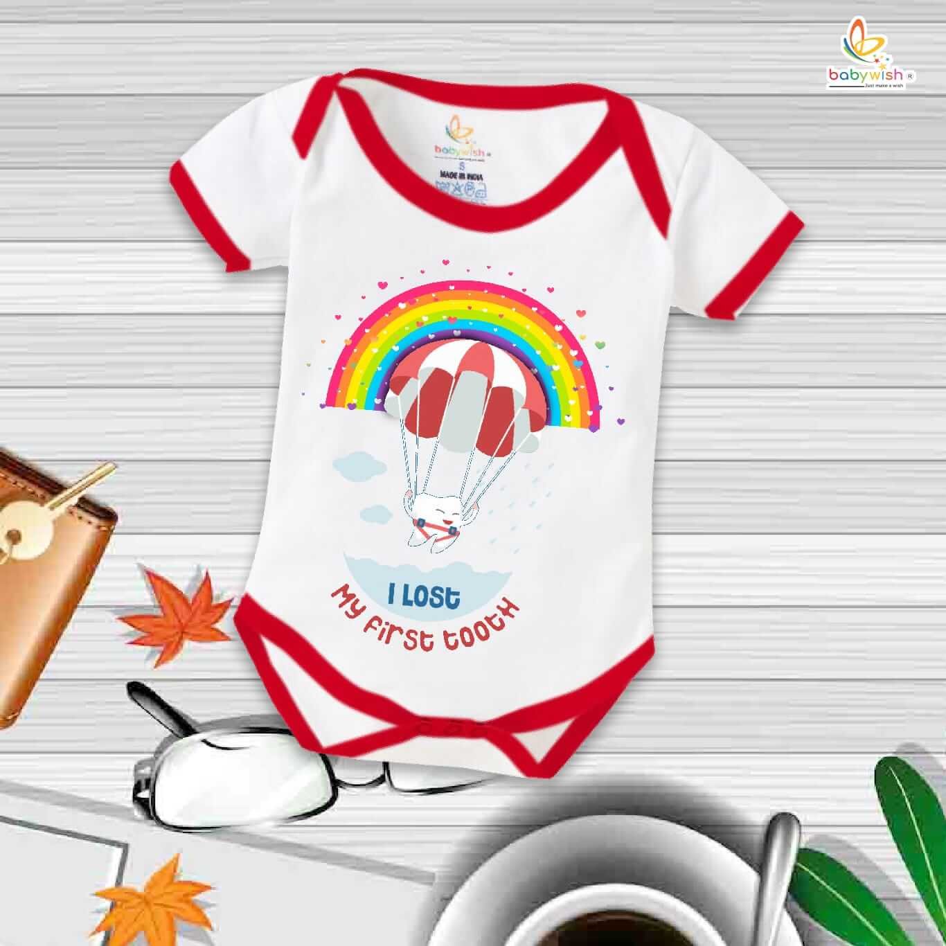 I Lost My First Tooth Rainbow Print Baby Romper – My First Tooth Bodysuit for Newborn & Infant | Colorful First Tooth Milestone Outfit – Babywish