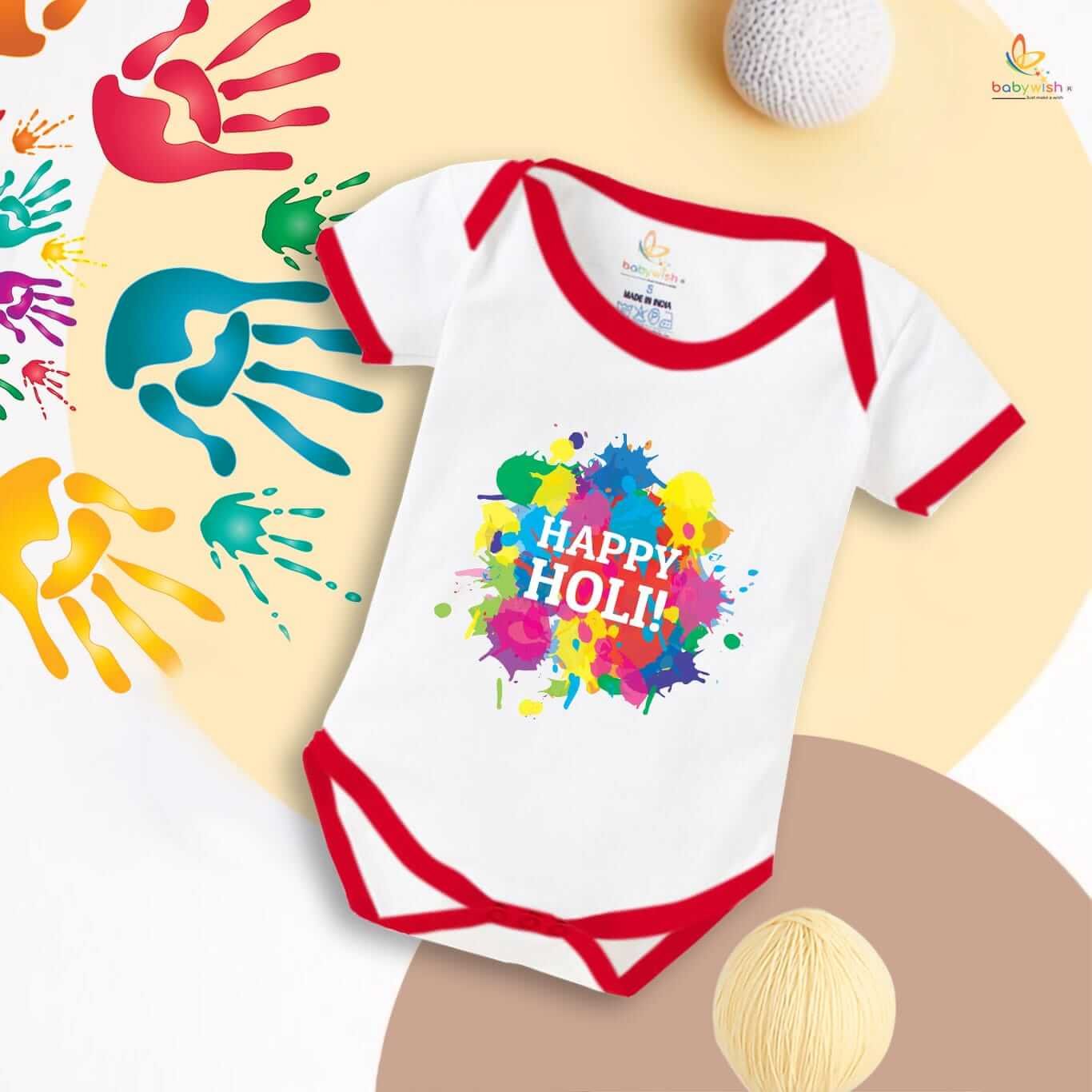 Baby First Holi Romper Clothes | Baby Holi Festival Bodysuits | Newborn Outfit Envelop Neck Half Sleeve Unisex Onesies “Multicolor Holi Print Celebration”