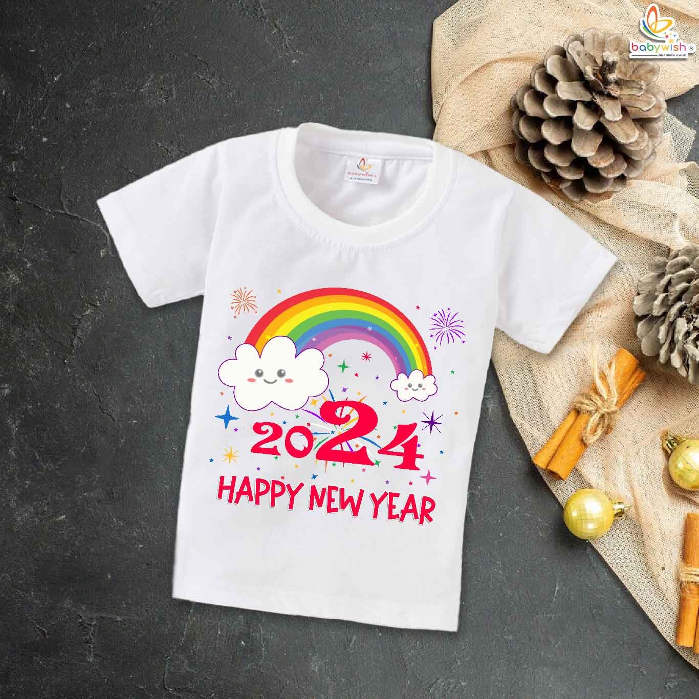 My First Happy New Year T-Shirt Rainbow Print | Unisex Half Sleeve Cotton Topwear Outfit | Cute Baby Boys & Girls Printed New Year Celebration Clothes Stylish Dress – Babywish