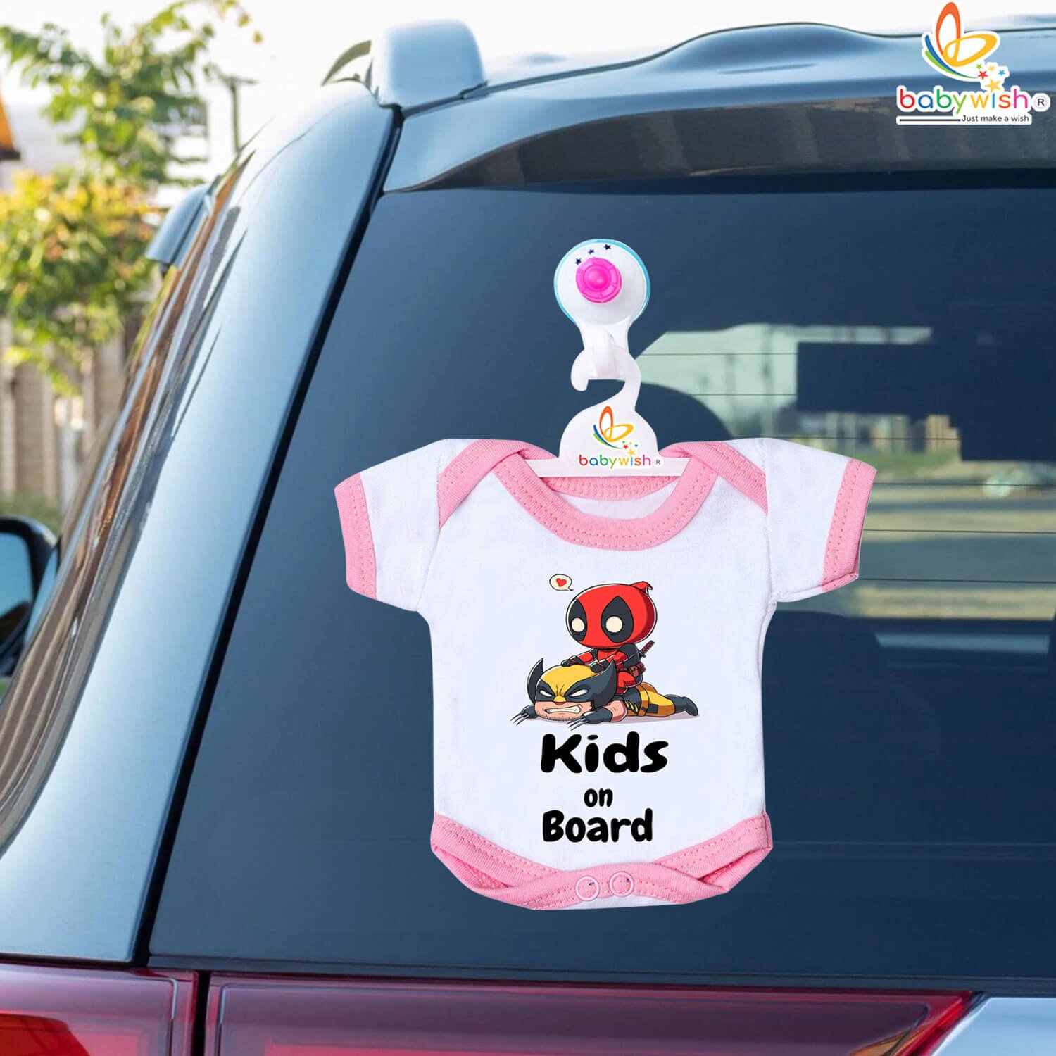 Cute Board Baby On Board Car Accessory | Safety Travel Alert Hanging Romper Sign with Suction Cup for Baby & Kids Protection in Car | Pink, Blue,Yellow Color – Babywish