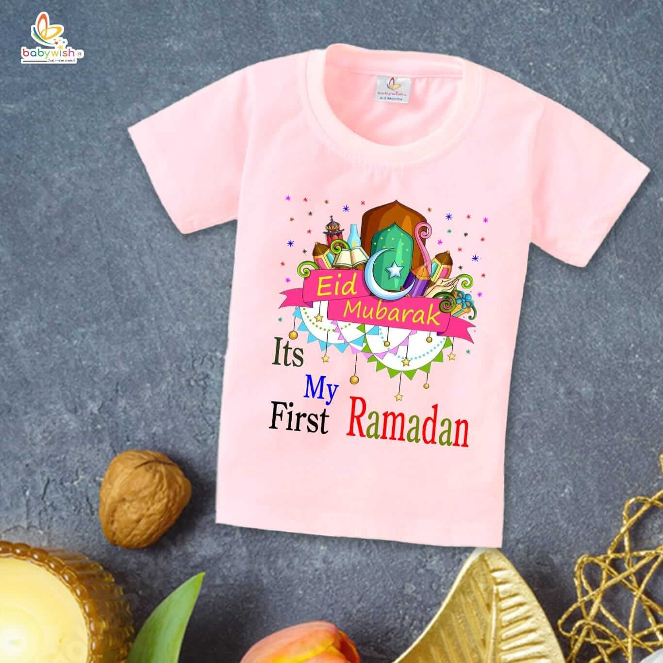 Eid T-shirt for Kids Unisex Ramadan Topwear Outfit | Printed Half Sleeve Tshirt Dress for Boys & Girls | "It's My First Ramadan"