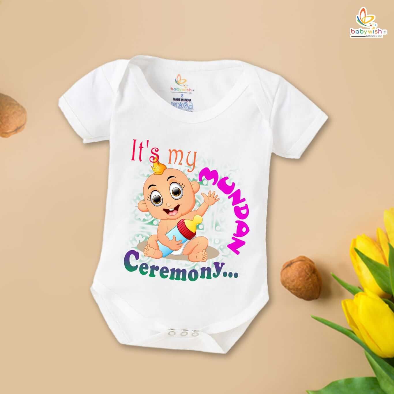 Babywish Mundan Ceremony Romper – Newborn Mundan Special Cotton Bodysuit with “It’s My Mundan Ceremony” Print | Comfortable Traditional Baby Occasion Wear by Babywish