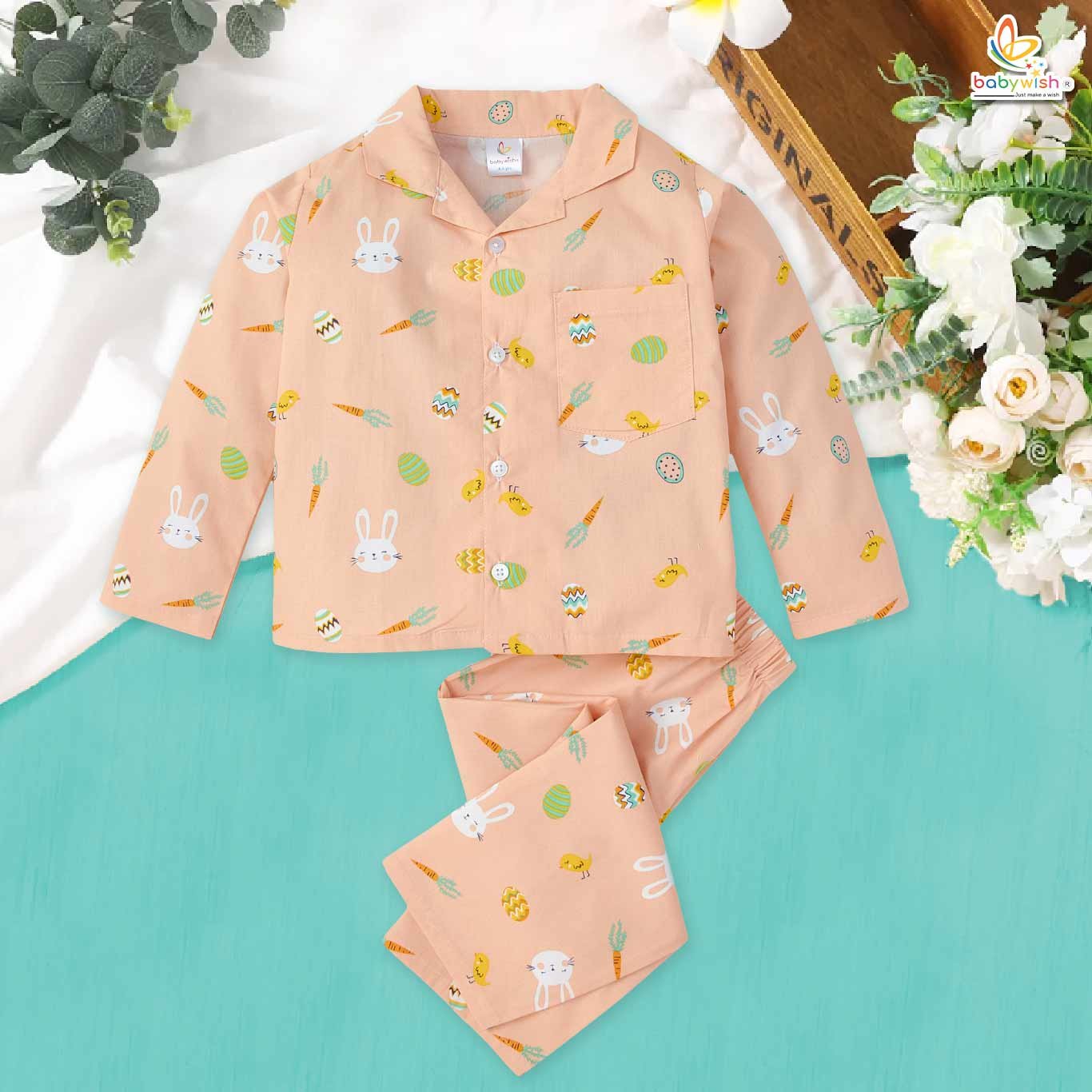 Peach cotton nightwear set for kids with bunny and fruit print – Babywish