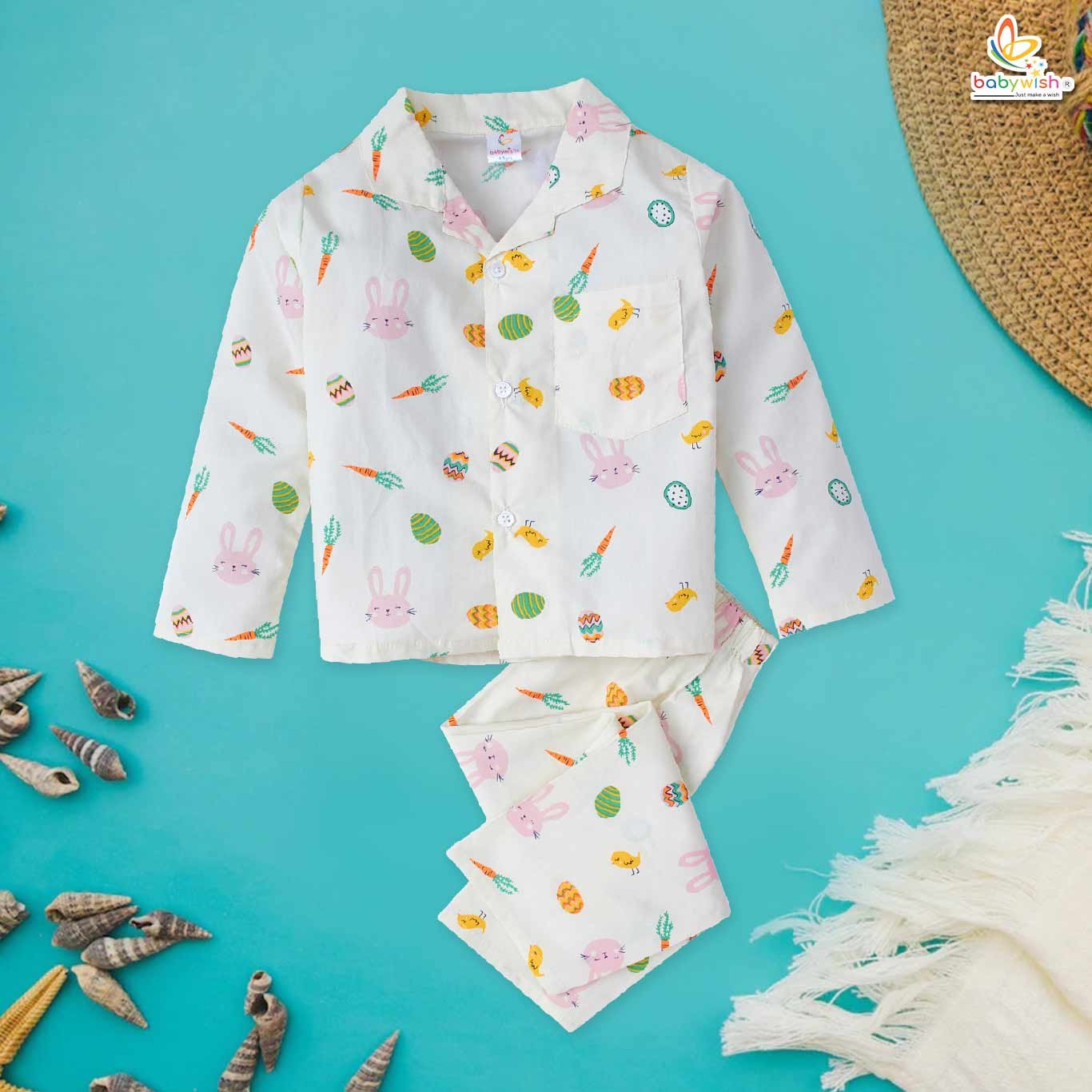 White cotton nightwear set for kids with cute bunny print – Babywish