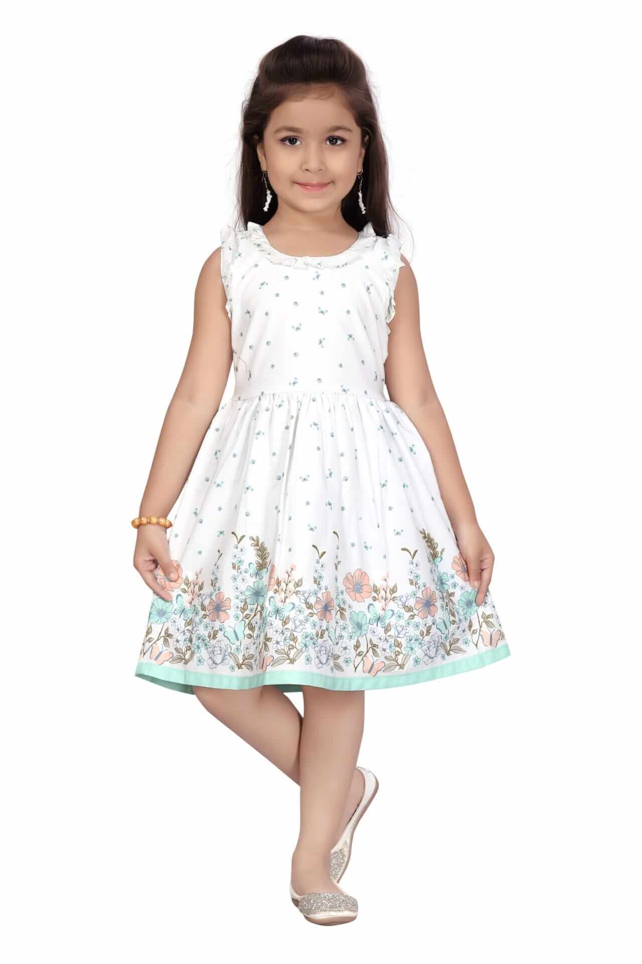 Girls Floral Print Knee Length Cotton Dress – Flutter Sleeve Party Frock - Image 4