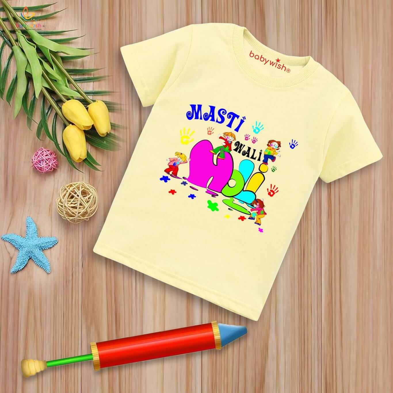 Holi T-shirt for Kids – Unisex Holi Topwear Outfit, Printed Half Sleeve Tee “Masti Wali Holi,” Colorful Fun Dress for Boys & Girls