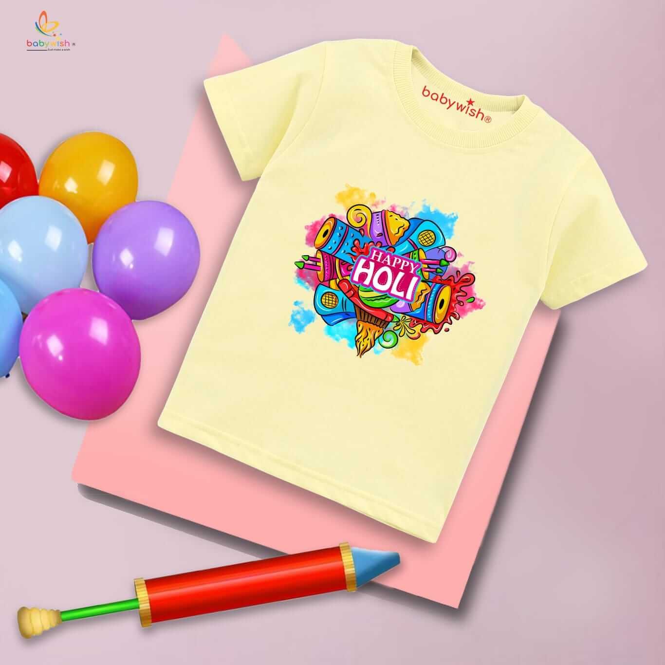 Holi T-shirt for Kids – Unisex Holi Topwear Outfit, Printed Half Sleeve Tee “Music in Holi,” Colorful Festival Dress for Boys & Girls