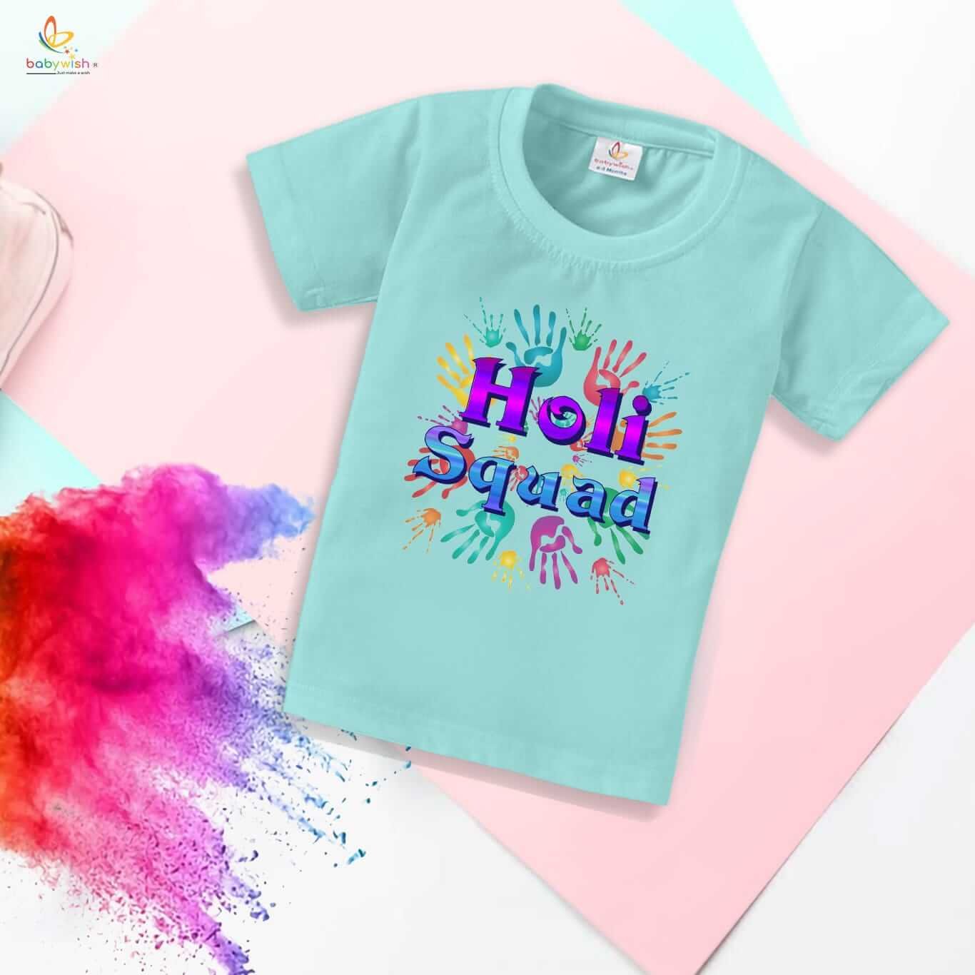 Holi T-shirt for Kids – Unisex Holi Topwear Outfit, Printed Half Sleeve Tee “Holi Wali Squad Print,” Colorful Festival Dress for Boys & Girls