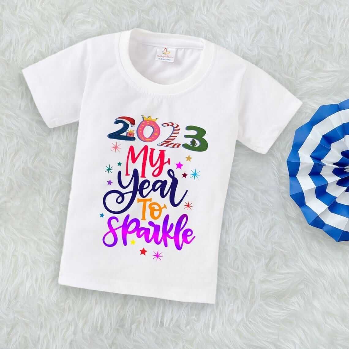 New Year T-shirt for Kids | Unisex New Year Topwear Outfit | Printed Half Sleeve Cotton Tshirt Dress for Boys & Girls | Stylish "My Year To Sparkle" Party Wear Tee – Babywish