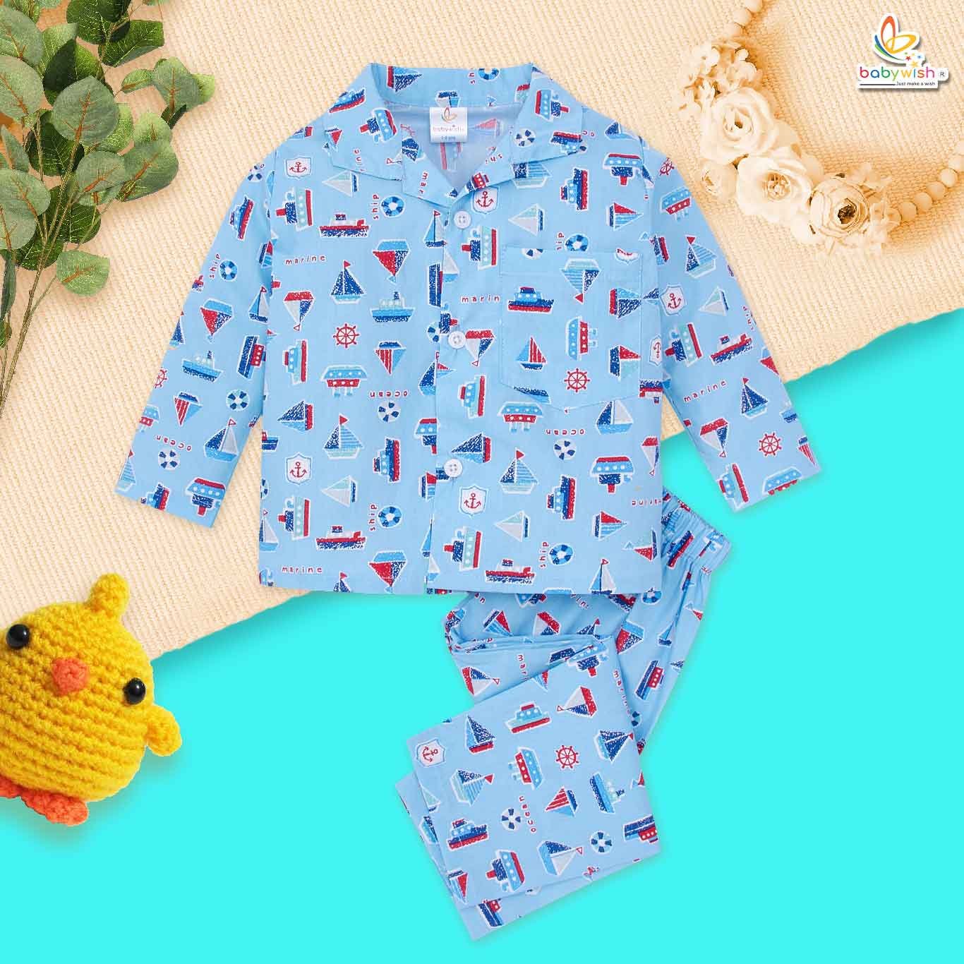 Kids Sleepsuit for Baby Boy’s and Girl’s Topwear and Pajamas Set Long Sleeve Sleepwear Baby Clothing Sets - Blue Boat Print Print