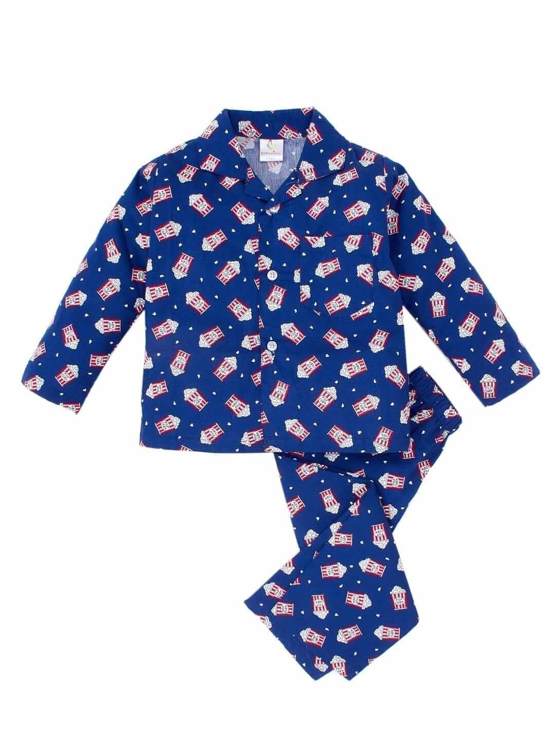 Kids Sleepsuit for Baby Boys and Girls Long Sleeve Topwear and Pajamas Set Baby Clothing Sleepwear Set Blue Popcorn Print for Newborns and Toddlers