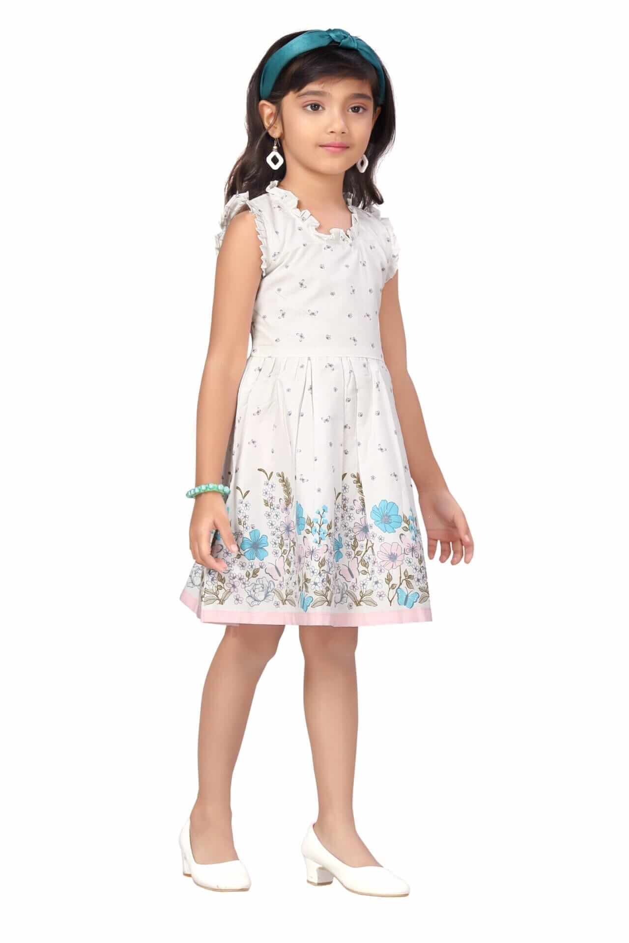 Girls Floral Print Knee Length Cotton Dress – Flutter Sleeve Party Frock - Image 11