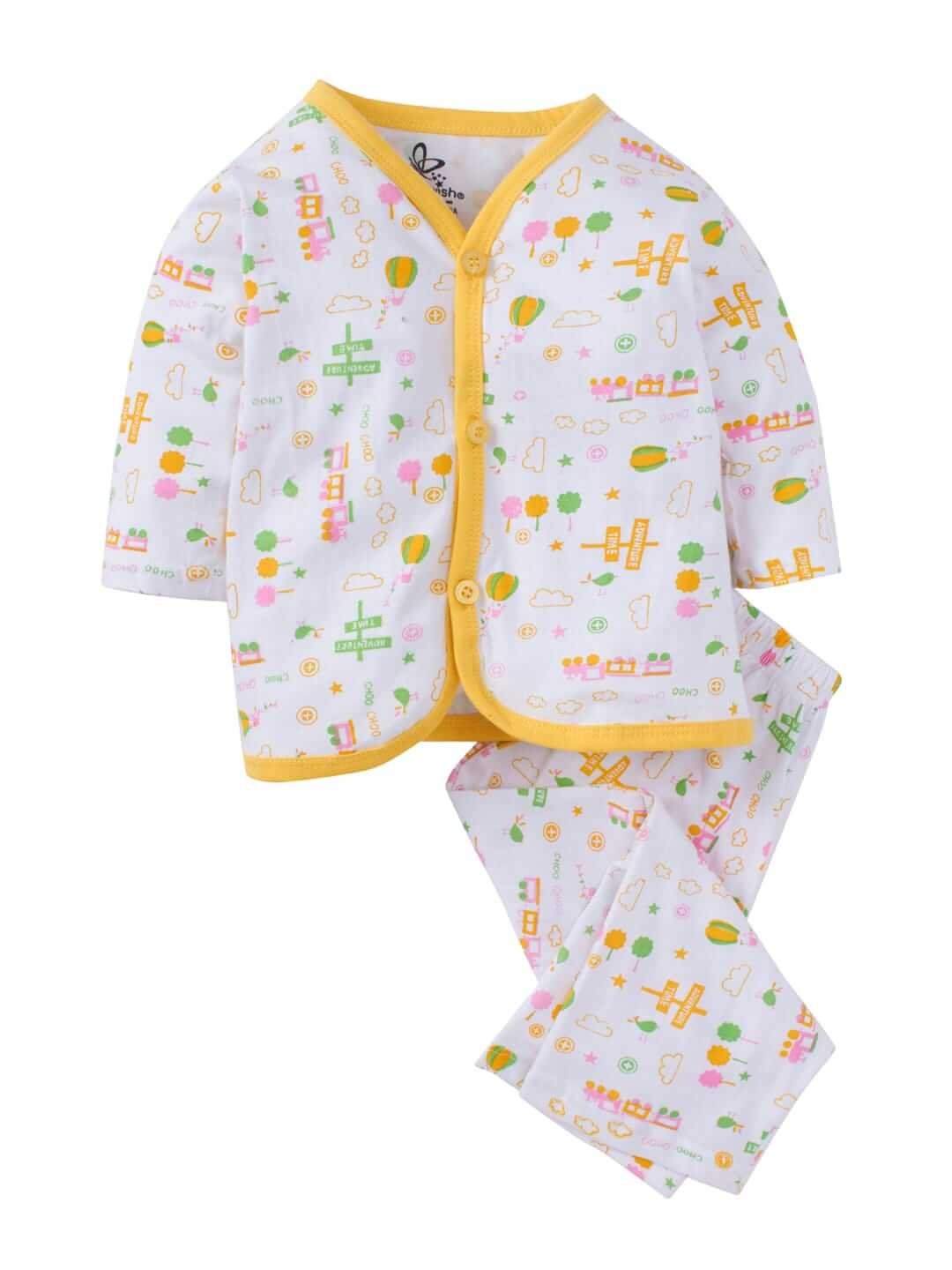 Kids Top Bottom Baby Jhabla Set – Full Sleeve Pure Cotton T-shirt & Pajama Set for Babies, Lemon Magic Train Print, Soft and Comfortable Outfit for Boys & Girls