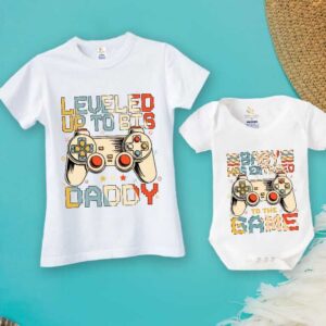 Leveled Up To Big Daddy Matching Daddy and Baby Shirt Set with Gamer Controller Graphic