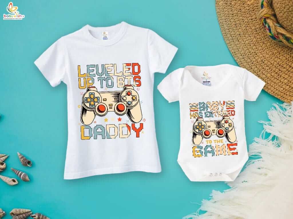Father’s Day Special Combo White T-Shirts & Romper Set for Father and Baby | Leveled Up to Big Daddy Matching Outfit Gift Pack of 2 for New Dads - Babywish