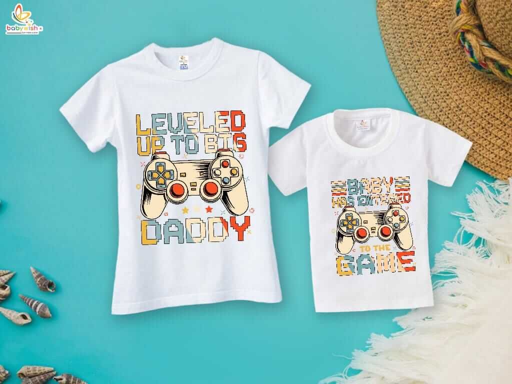 Fathers Day Special Matching T-Shirts Set for Father and Kid - Leveled Up to Big Daddy Gamer Design - Combo Pack of 2 | New Dad Gift Idea - Babywish