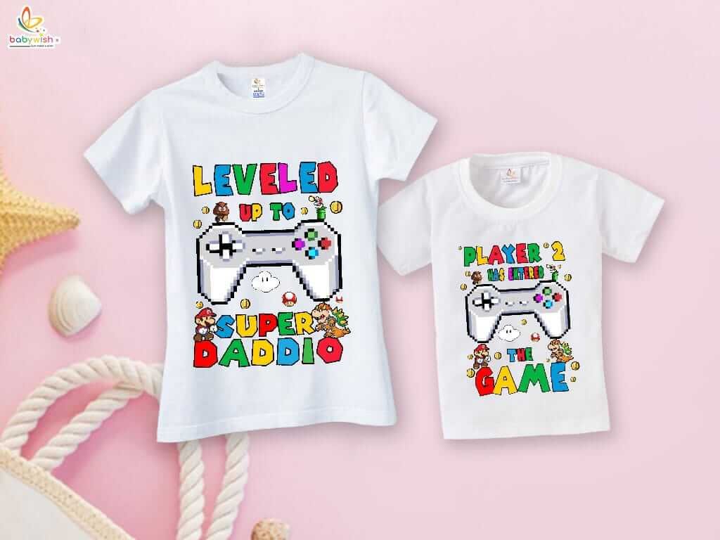 Fathers Day Special Matching T-Shirts Set for Father and Kid - Leveled Up to SUPER DADDIO Gamer Theme - Combo Pack of 2 | Fun Gift for New Dad & Baby - Babywish