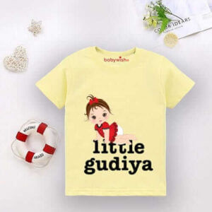 Cute Little Gudiya Printed Baby Girls Cotton T-Shirt, Soft Stylish Summer Wear Casual Tee, Round Neck Half Sleeve Comfortable Daily Outfit, Color Lemon Pink White Babywish