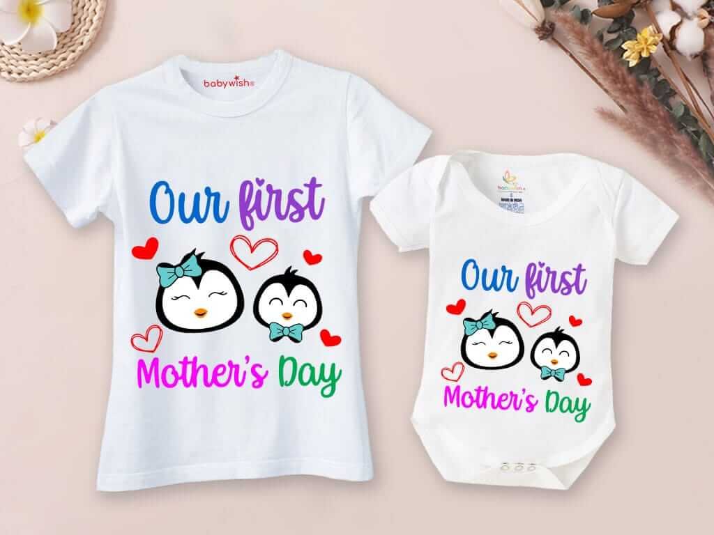 Mother’s Day Special Combo – White T-Shirts and Romper Sets for Mother & Baby, Matching Soft & Comfortable Outfits, Perfect Gift for Mother & Baby, Combo Pack of 2