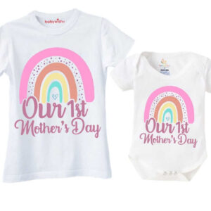 atching Mother and Baby First Mother's Day Outfit with Pastel Rainbow Design - Mom T-shirt and Baby Romper Combo Set