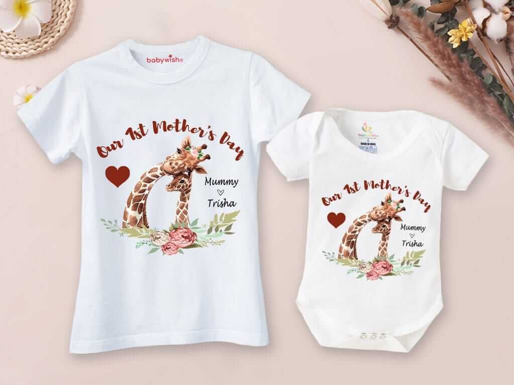 Mother’s Day Special Combo – White T-Shirts and Romper Sets for Mother & Baby, Matching Comfortable Outfits, Soft & Stylish, Perfect Gift for Mother’s Day, Combo Pack of 2