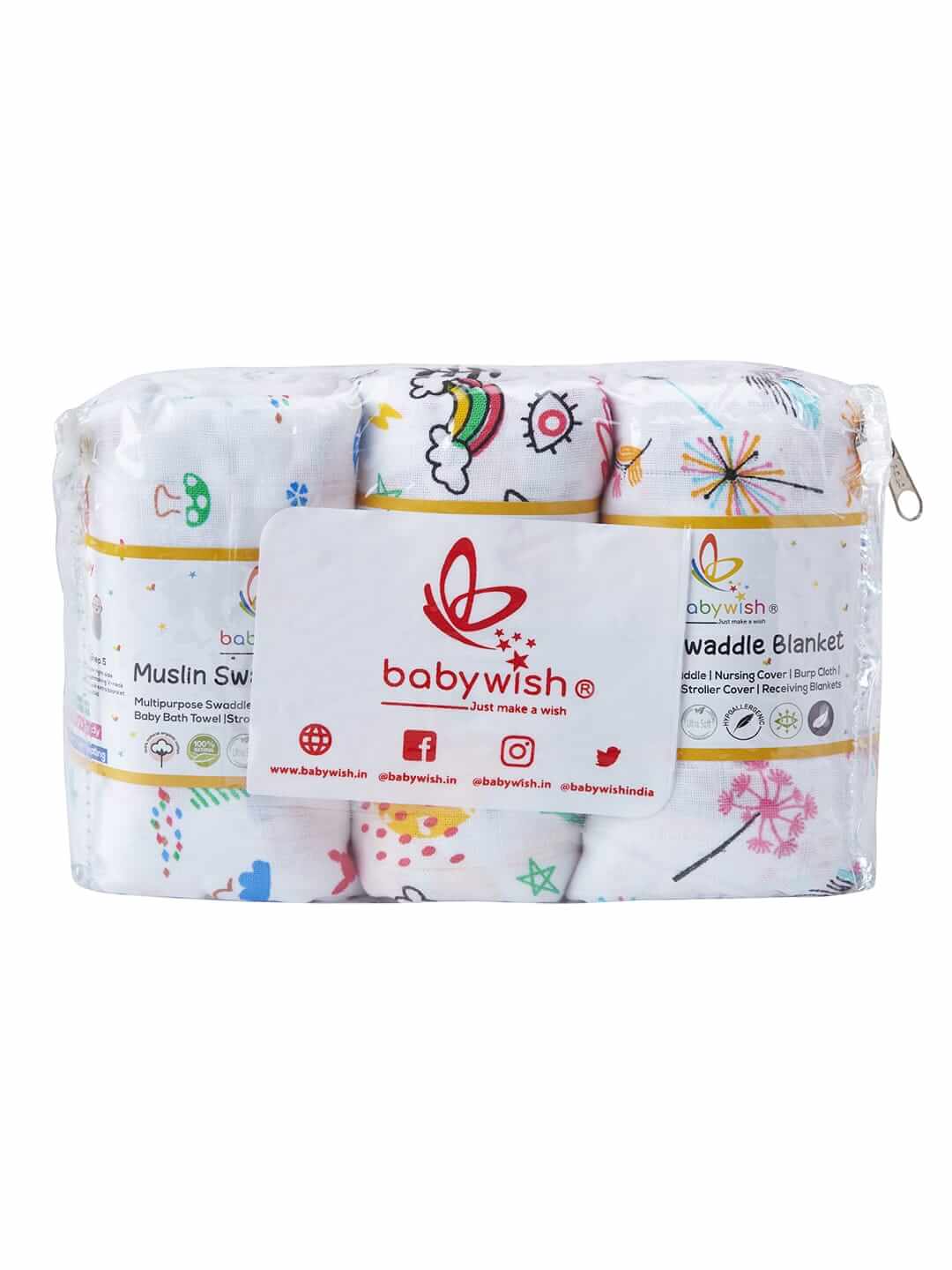 Premium Soft Cotton Muslin Swaddle Blanket Set of 3 for Newborn Babies | Breathable Receiving Blanket, Baby Wrap Sheet, Multi-Print Baby Blanket for Boys & Girls | White Multi Color | 0-3 Months | Babywish - Image 4