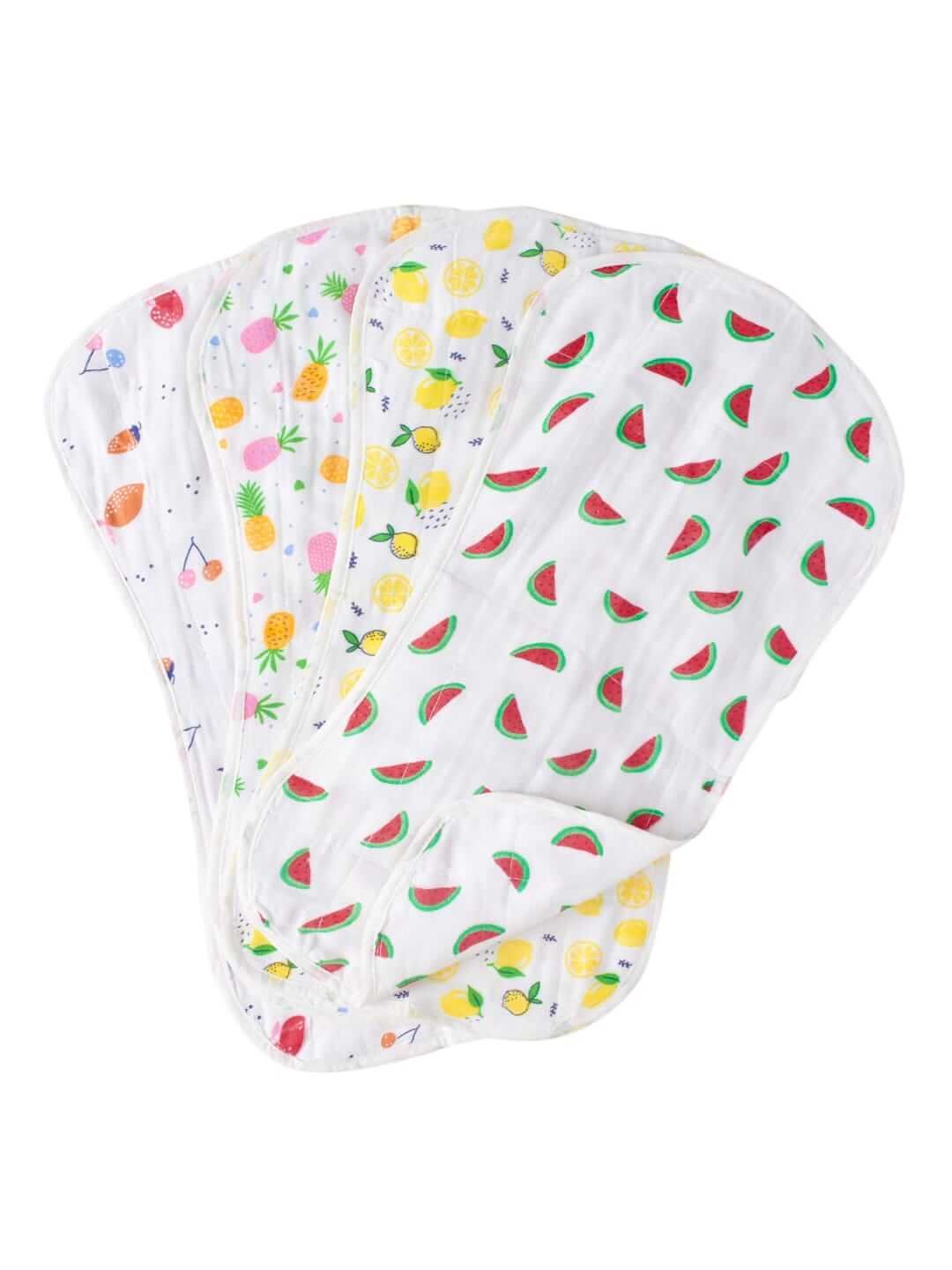 Organic Burp Cloths for Baby Boys and Girls, Triple Layer Soft Muslin, Multipurpose Baby Burp Cloth Gift Set, Fruits Print Designs, Ideal Newborn Essentials, Set of 4