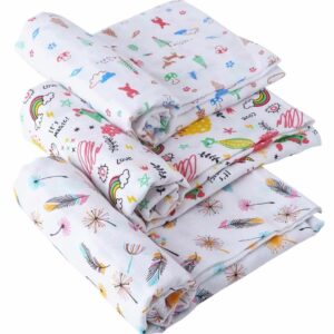 Premium Soft Cotton Muslin Swaddle Blanket Set of 3 for Newborn Babies | Breathable Receiving Blanket, Baby Wrap Sheet, Multi-Print Baby Blanket for Boys & Girls | White Multi Color | 0-3 Months | Babywish
