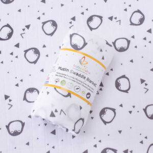 Muslin Swaddle Blanket for Newborn Baby, Soft Breathable Cotton Baby Wrap, Penguin Print Receiving Blanket, Nursing Cover, Stroller Cover White Grey 0-3 Months | Babywish