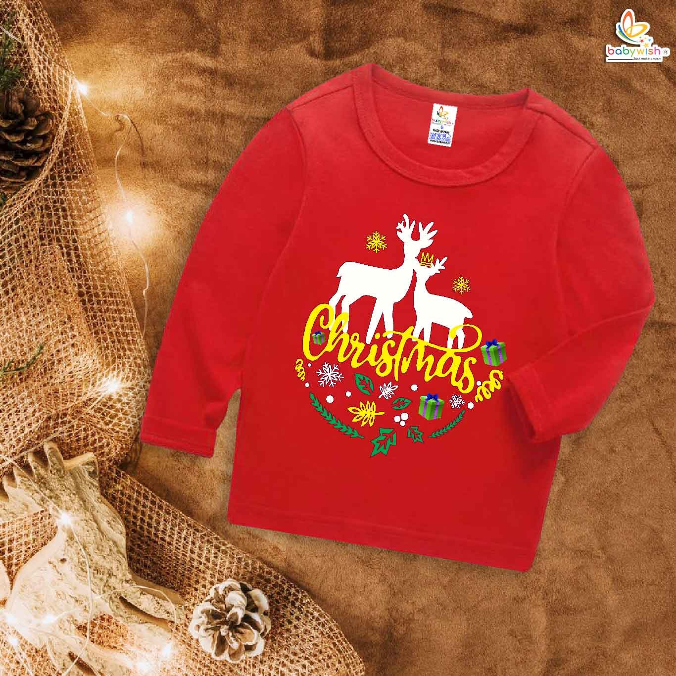 My First Christmas T-Shirt | Cute Deer Print Full Sleeve Baby Tee | Festive Winter Outfit for Boys & Girls – Babywish