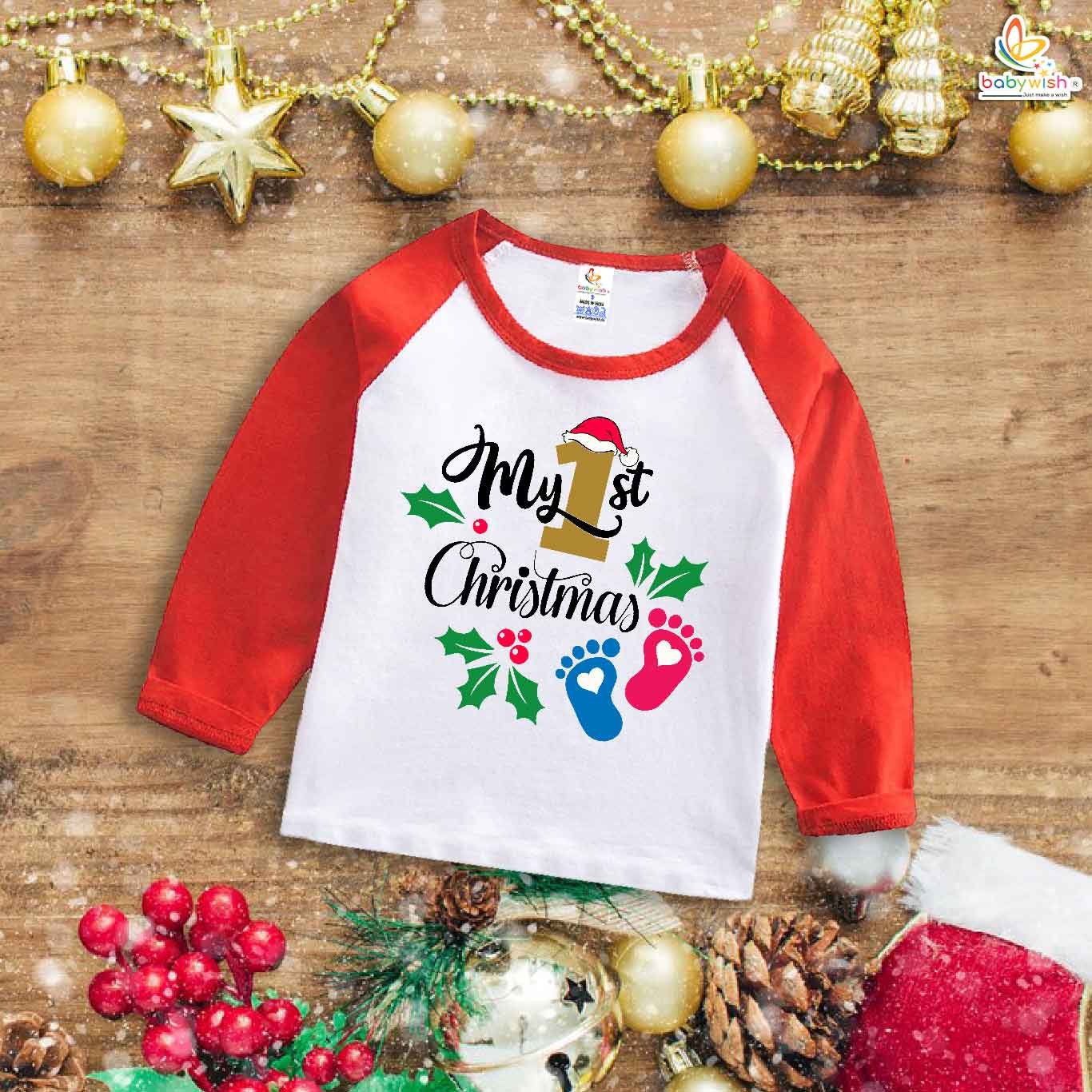 My First Christmas T-Shirt | Adorable Footprint Design Full Sleeve Baby Tee | Festive Holiday Outfit for Boys & Girls – Babywish