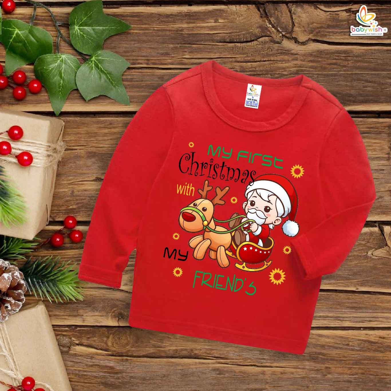 My First Christmas T-Shirt | Full Sleeve Baby Tee – Celebrating First Christmas with Friends | Festive Outfit for Boys & Girls – Babywish
