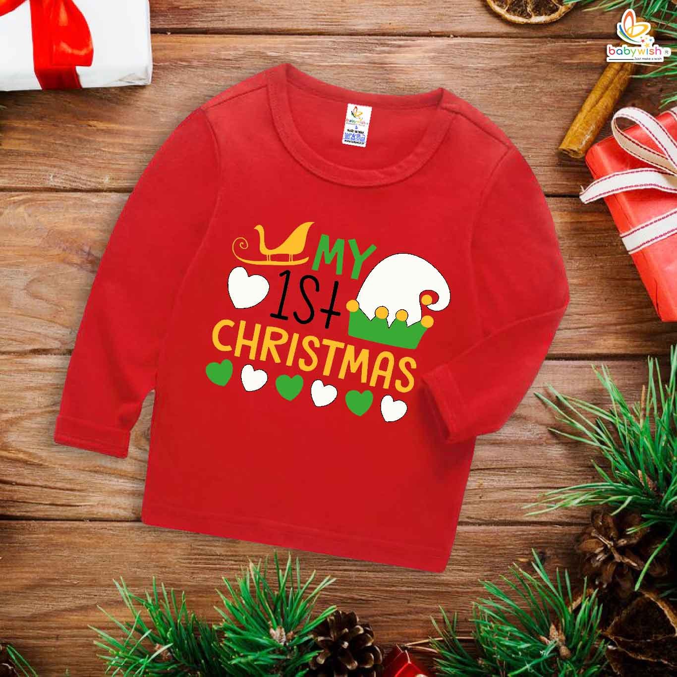 My First Christmas T-Shirt | Santa Hat Print Full Sleeve Baby Tee | Festive Holiday Outfit for Boys & Girls – Babywish