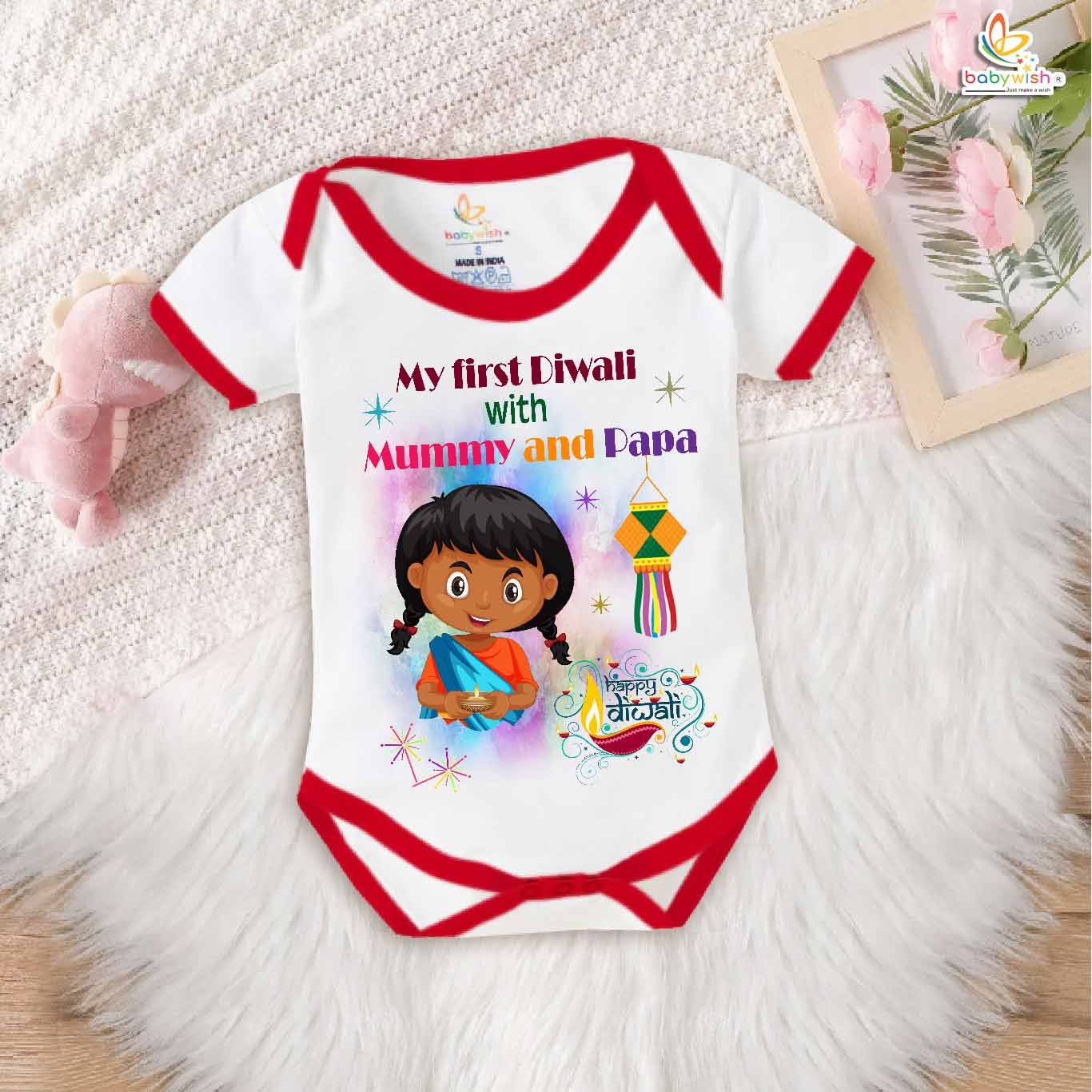 Adorable My First Diwali Baby Romper with Mummy and Papa Print – Soft Cotton Unisex Full Body Bodysuit for Infant Boys & Girls | Cute Festive Party & Photoshoot Outfit – Babywish