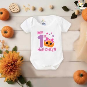 My First Halloween Baby Romper Bodysuit – Cute Bow and Pumpkin Head Print Halloween Outfit for Newborn Infant Baby Girl or Boy – Babywish