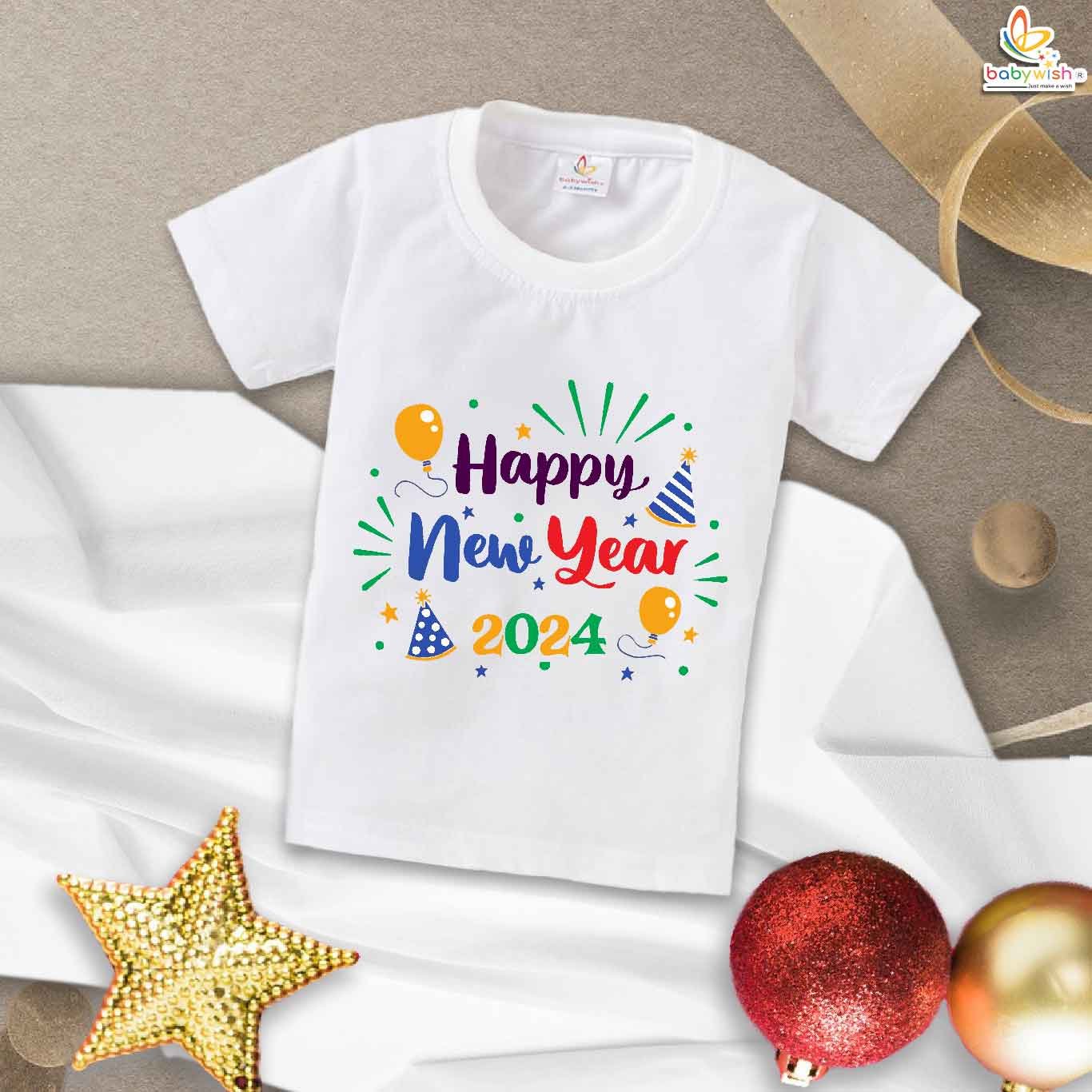 My First Happy New Year T-Shirt for Kids | Unisex Half Sleeve Cotton Topwear Outfit | Cute Baby Boys & Girls Printed New Year Celebration Clothes Casual Dress – Babywish