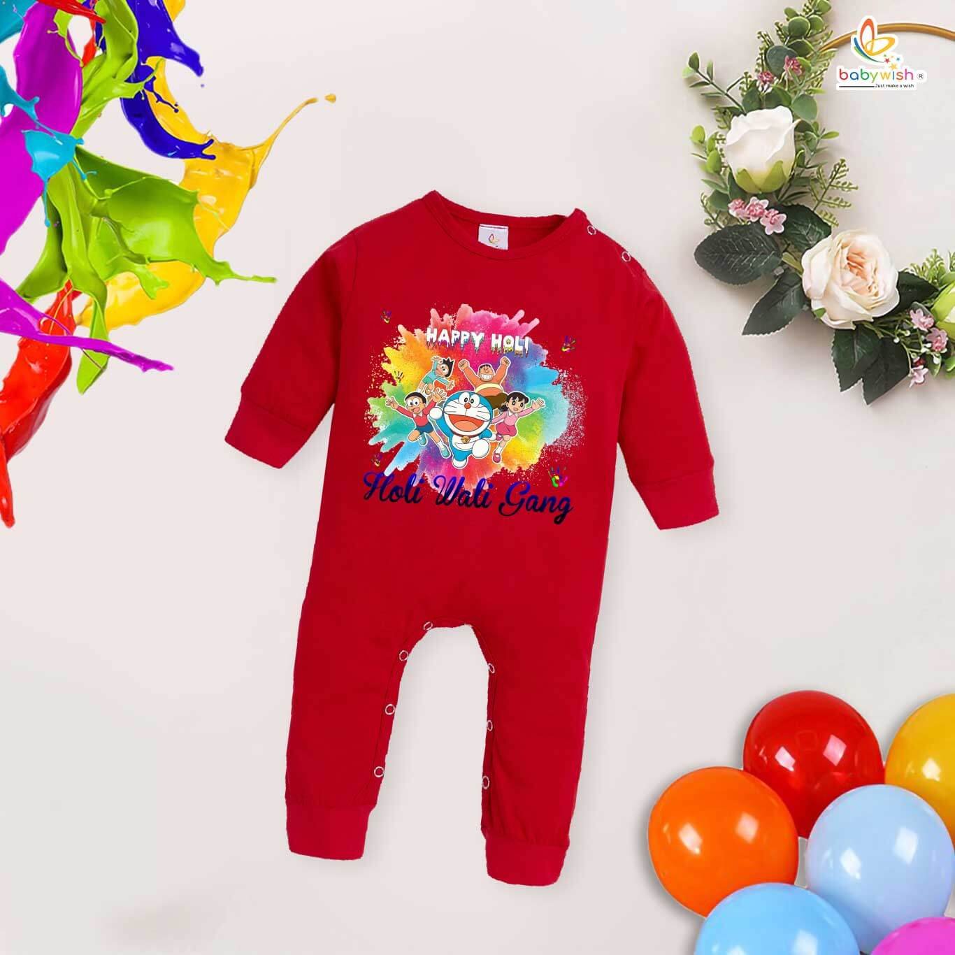 My First Holi Full Body Romper – "Happy Holi" Cartoon Print Baby Bodysuit for Boys & Girls – Babywish