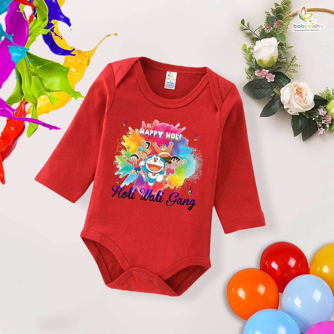 My First Holi Full Sleeve Romper – "Happy Holi" Cartoon Print Bodysuit for Babies – Babywish