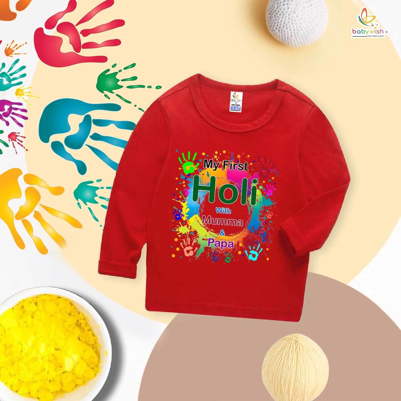 My First Holi Full Sleeve T-shirt – "Holi with Mumma" Baby Outfit for Boys & Girls – Babywish