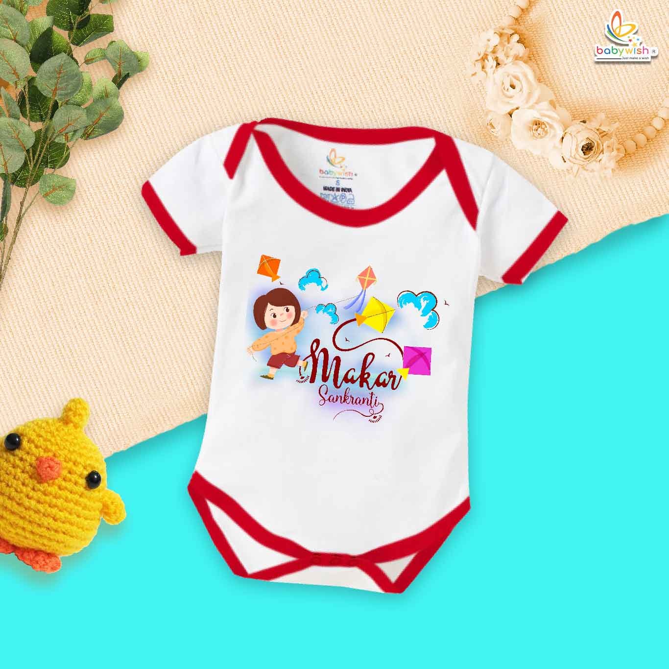 My First Makar Sankranti Baby Romper | Girl Kite Print Bodysuit for Newborns & Infants | Festive Sankranti Outfit for Baby Girls | Cute Traditional Baby Clothes | Babywish